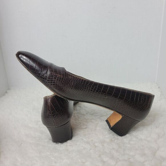 Salvatore Ferragamo Womens Size 9.5 AAA Brown Croc Embossed Leather Heels Pumps - Picture 8 of 11